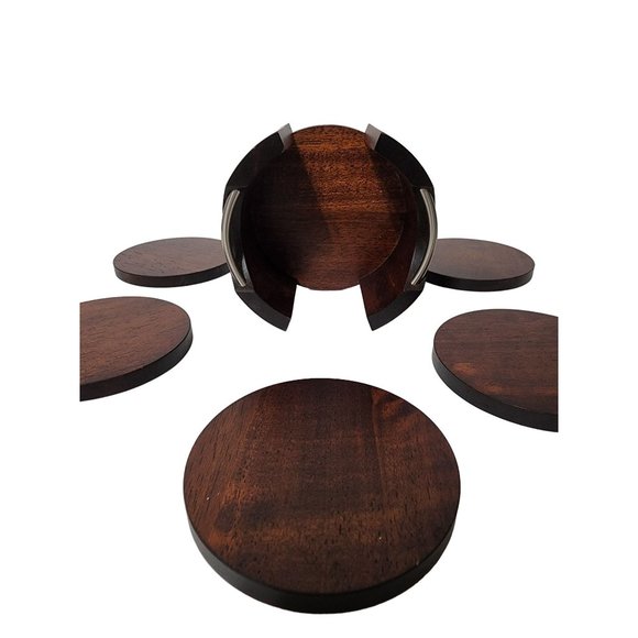 20th Century Modern Dark Wood Coasters in Caddy - 7 Pieces Vintage - Picture 5 of 7